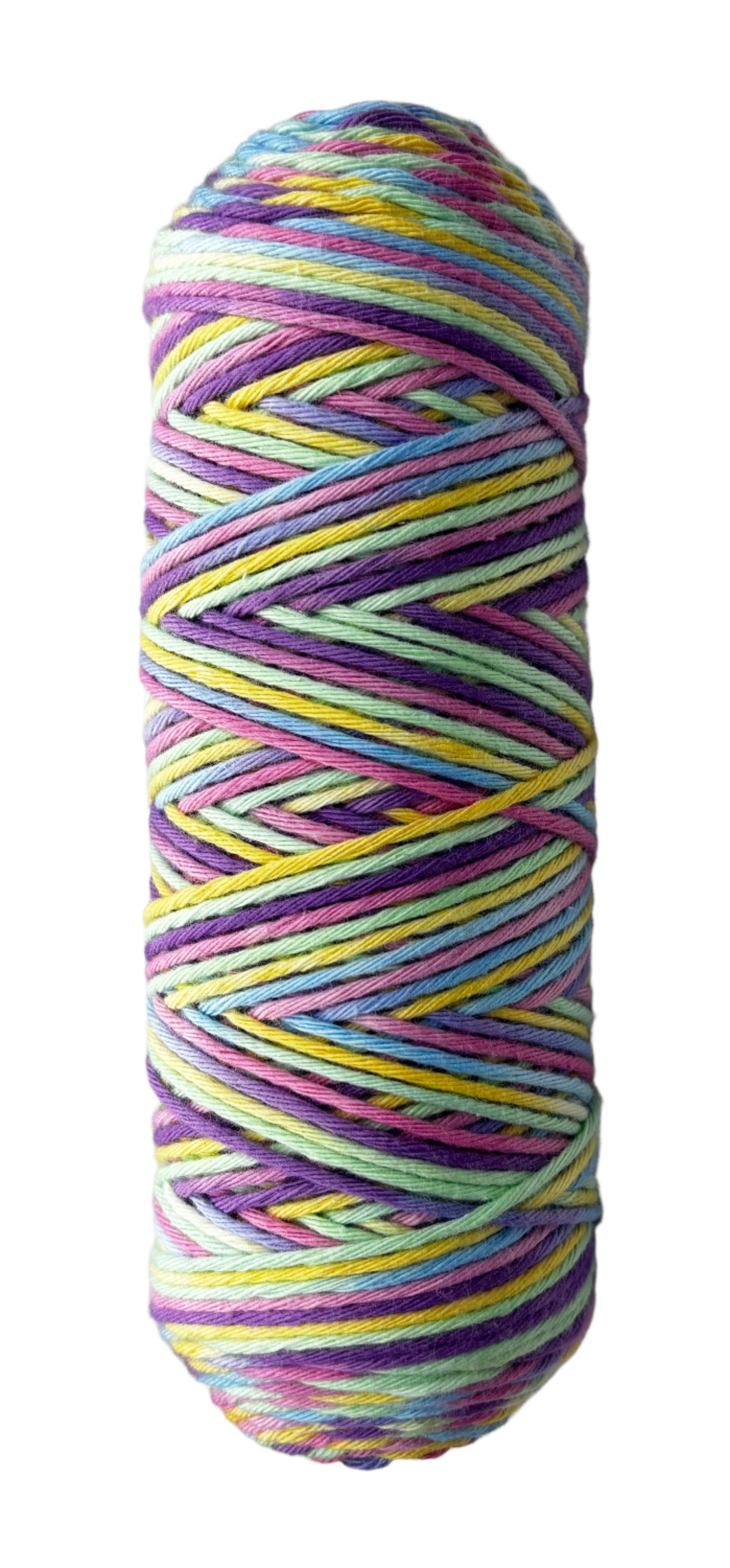 Pastel Pink, Blue, Yellow, Purple striped skein of yarn