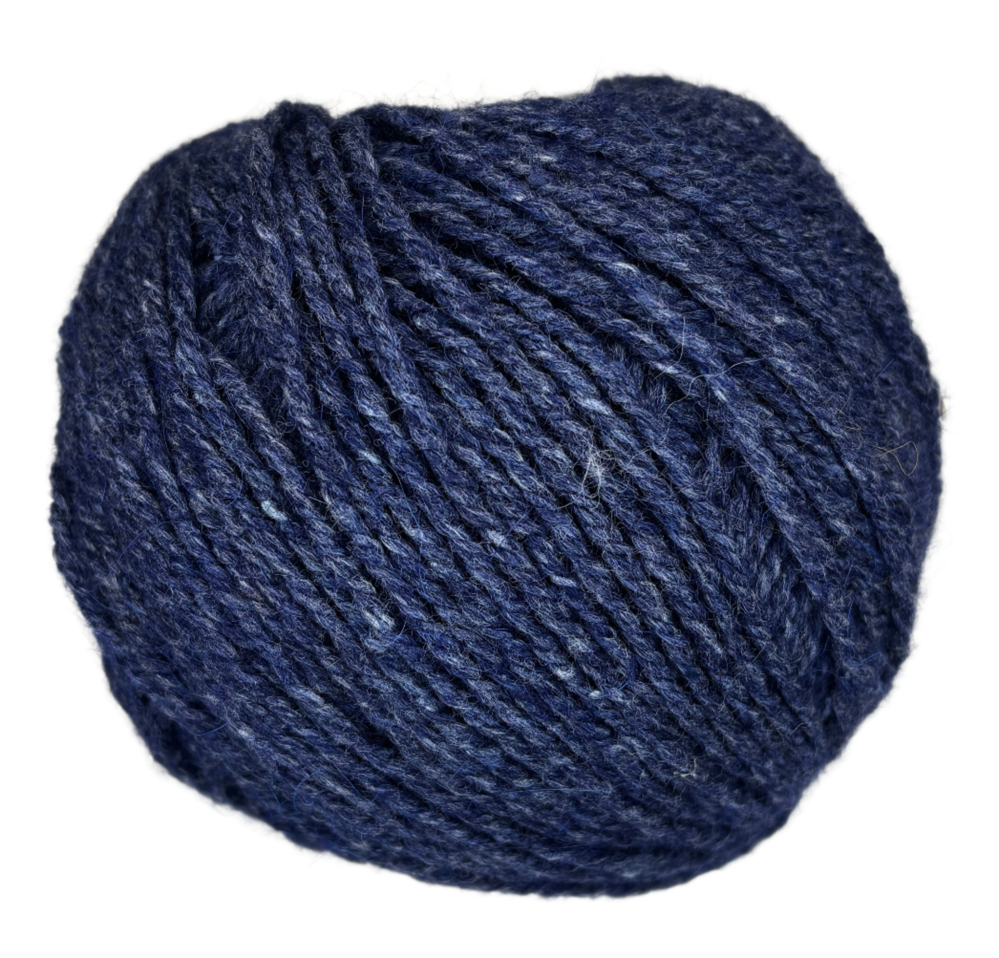 Ball of mildly tweedy yarn color midnight blue