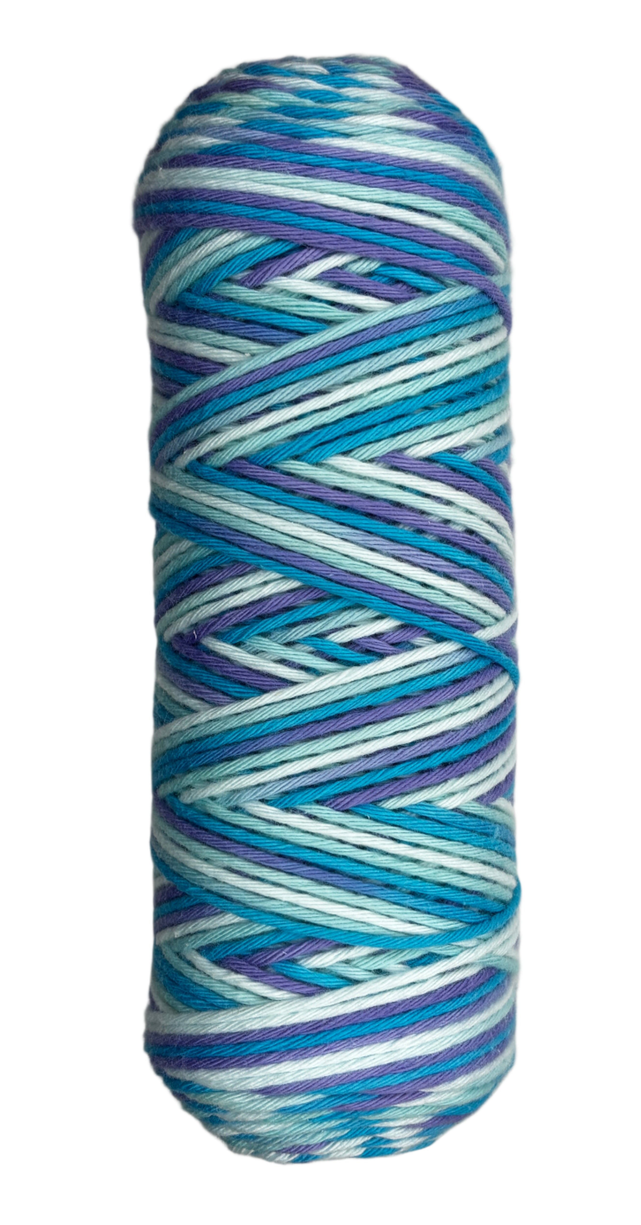 Teal, Eggshell Bue, White striped skein of yarn