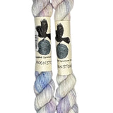 Two mini skeins of wool yarn hand dyed in Wyoming in the color white blue purple pink
