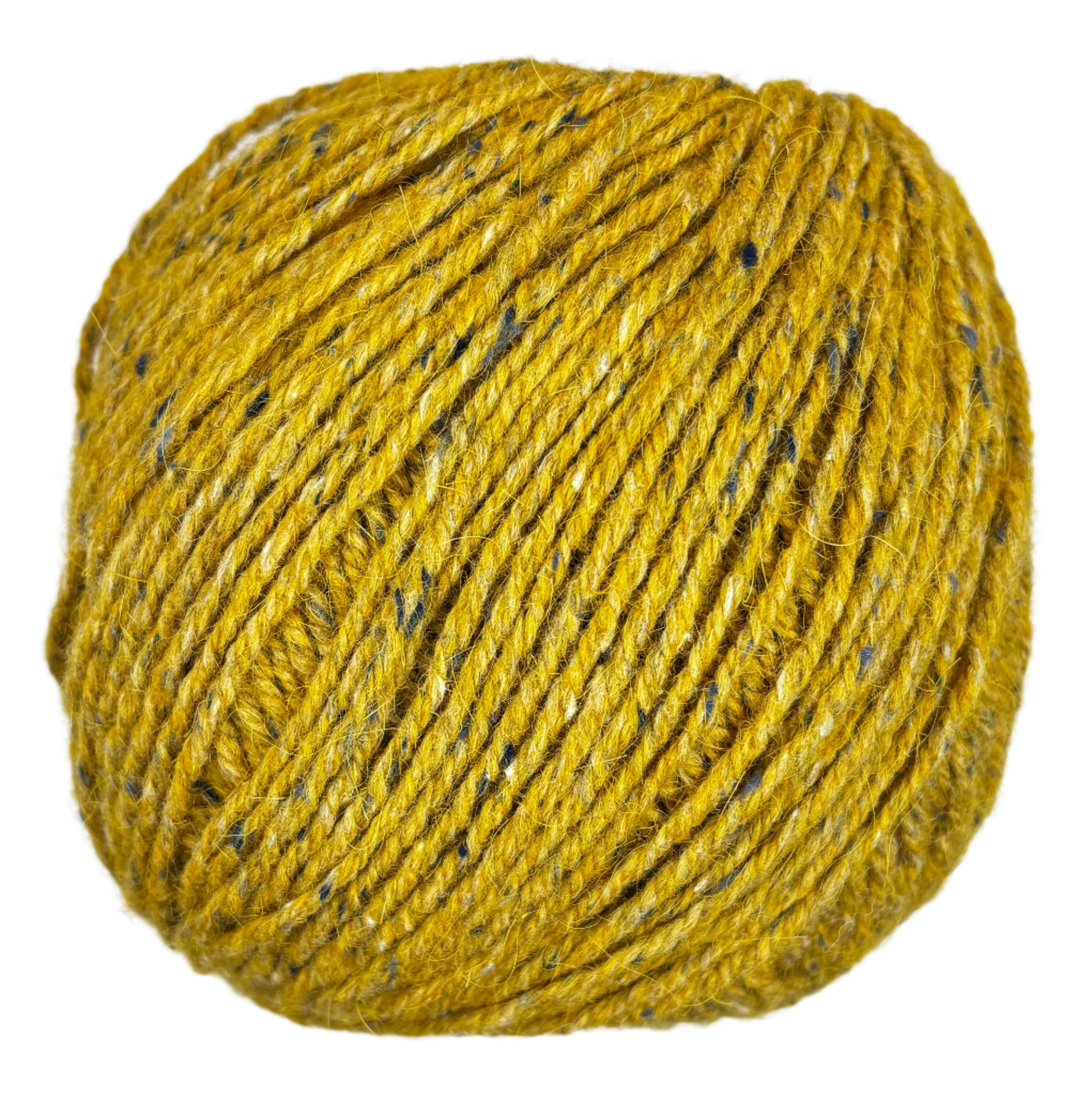 Ball of mildly tweedy yarn color Mustard