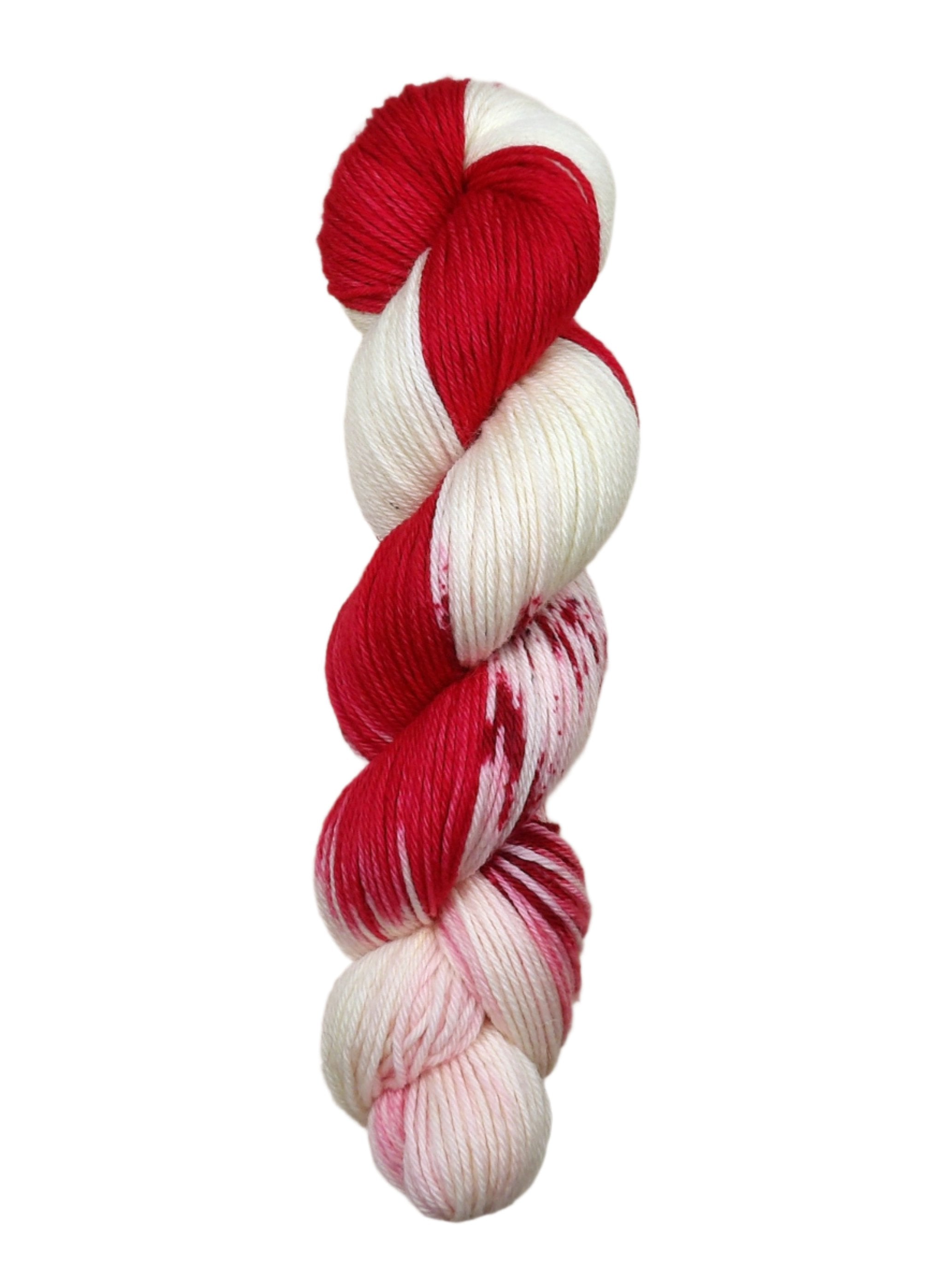 A skein of hand-dyed fingering/sock yarn color white red speckles