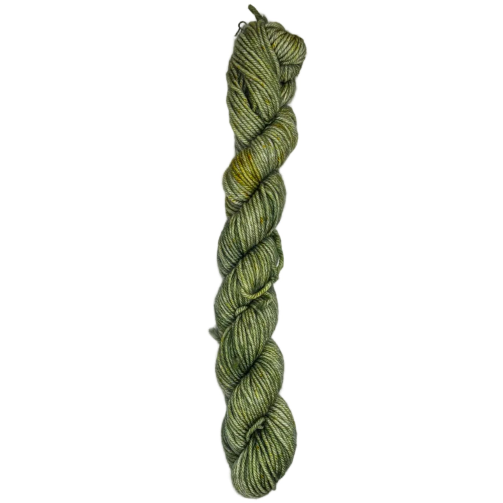 A skein of green yarn on a white background