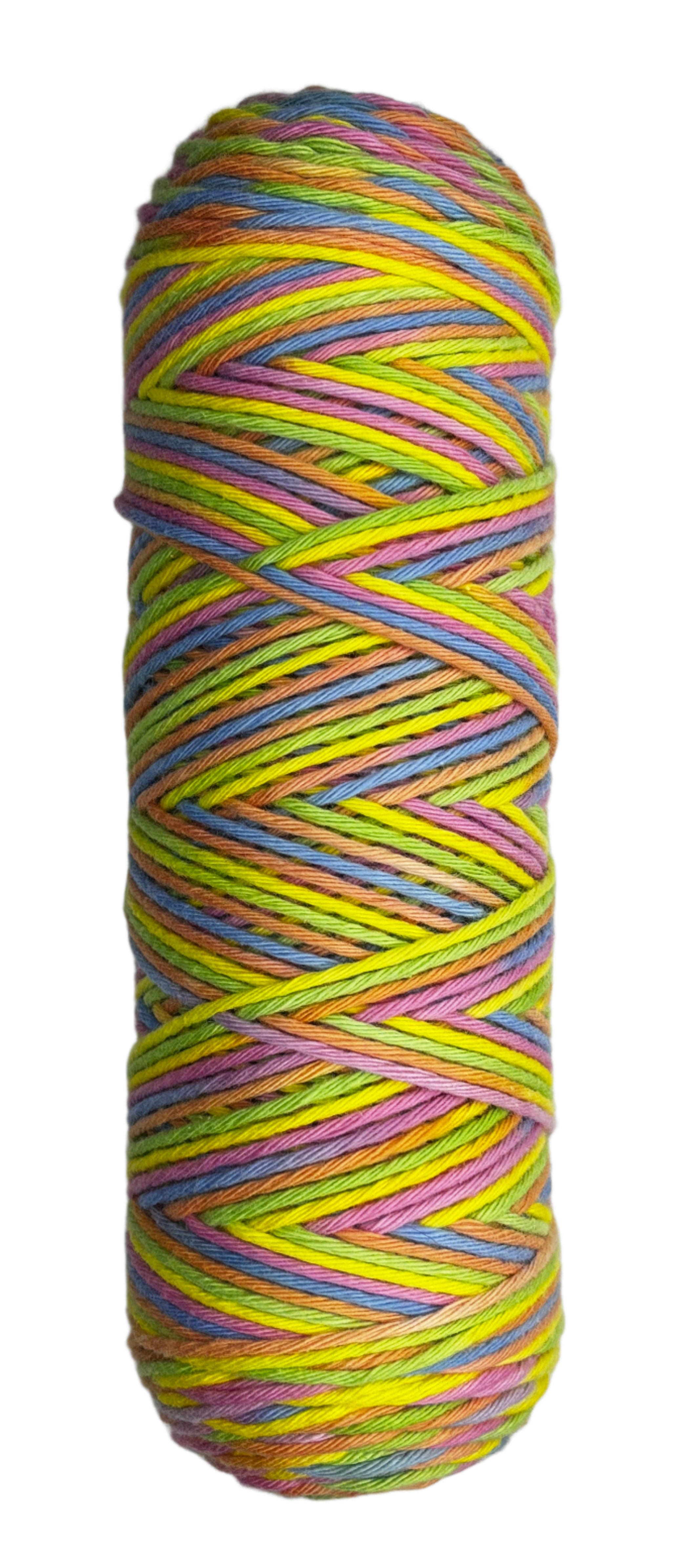 Pastel Pink, Blue, Yellow, Green, Orange striped skein of yarn