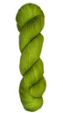 Skein of hand dyed fingering weight yarn in the color pea green 