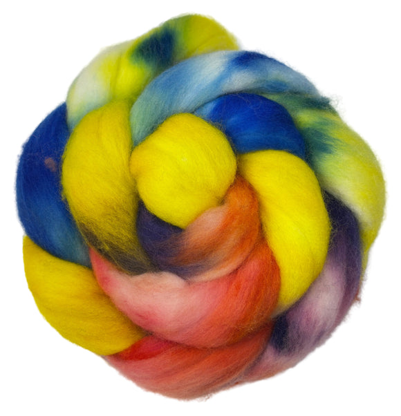 Polwarth combed top fiber braid in the colors yellow blue green orange red and purple