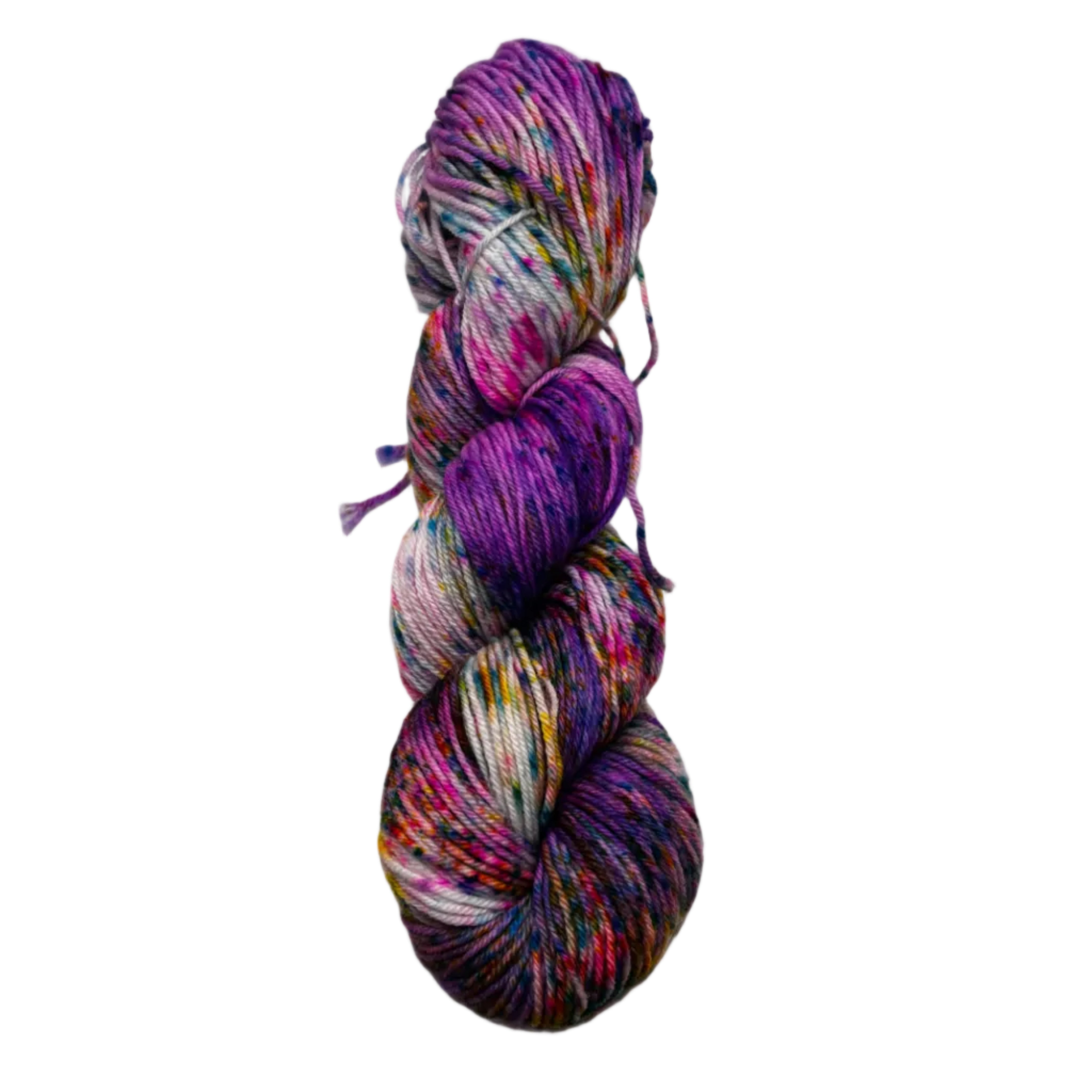Multicolored skein of yarn on a white background