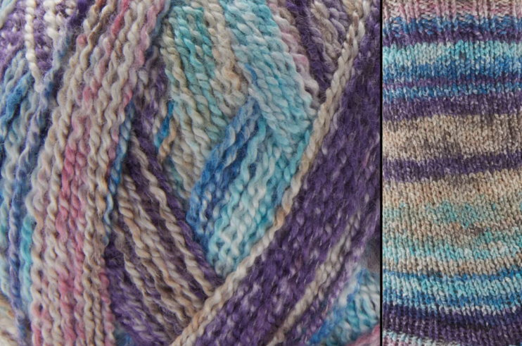 Close-up image of multi-colored yarn alongside a knit up swatch in the colors tan blue purple pink
