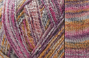 Close-up image of multi-colored yarn alongside a knit up swatch in the colors pink purple grey orange
