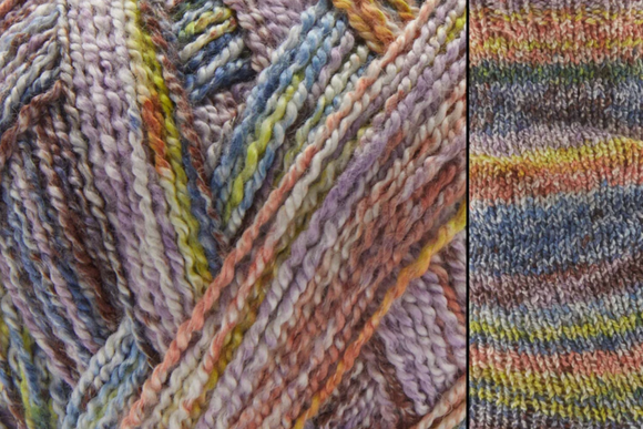 Close-up image of multi-colored yarn alongside a knit up swatch in the colors blue green brown orange yellow