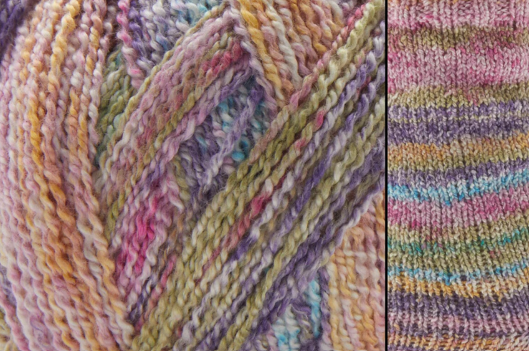 Close-up image of multi-colored yarn alongside a knit up swatch in the colors pink green blue purple 