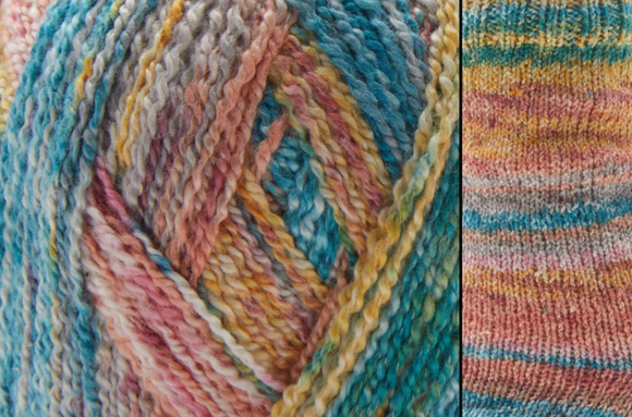Close-up image of multi-colored yarn alongside a knit up swatch in the colors green red orange yellow grey