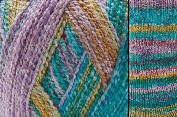 Close-up image of multi-colored yarn alongside a knit up swatch in the colors purple orange teal green red
