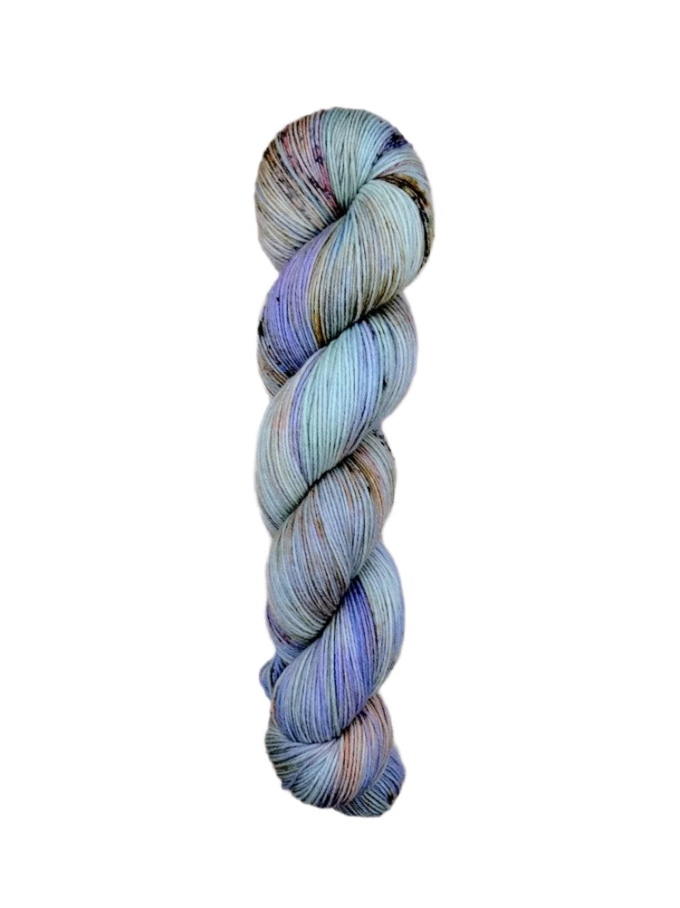 A skein of hand-dyed fingering/sock yarn color grey periwinkle brown peach brown speckles