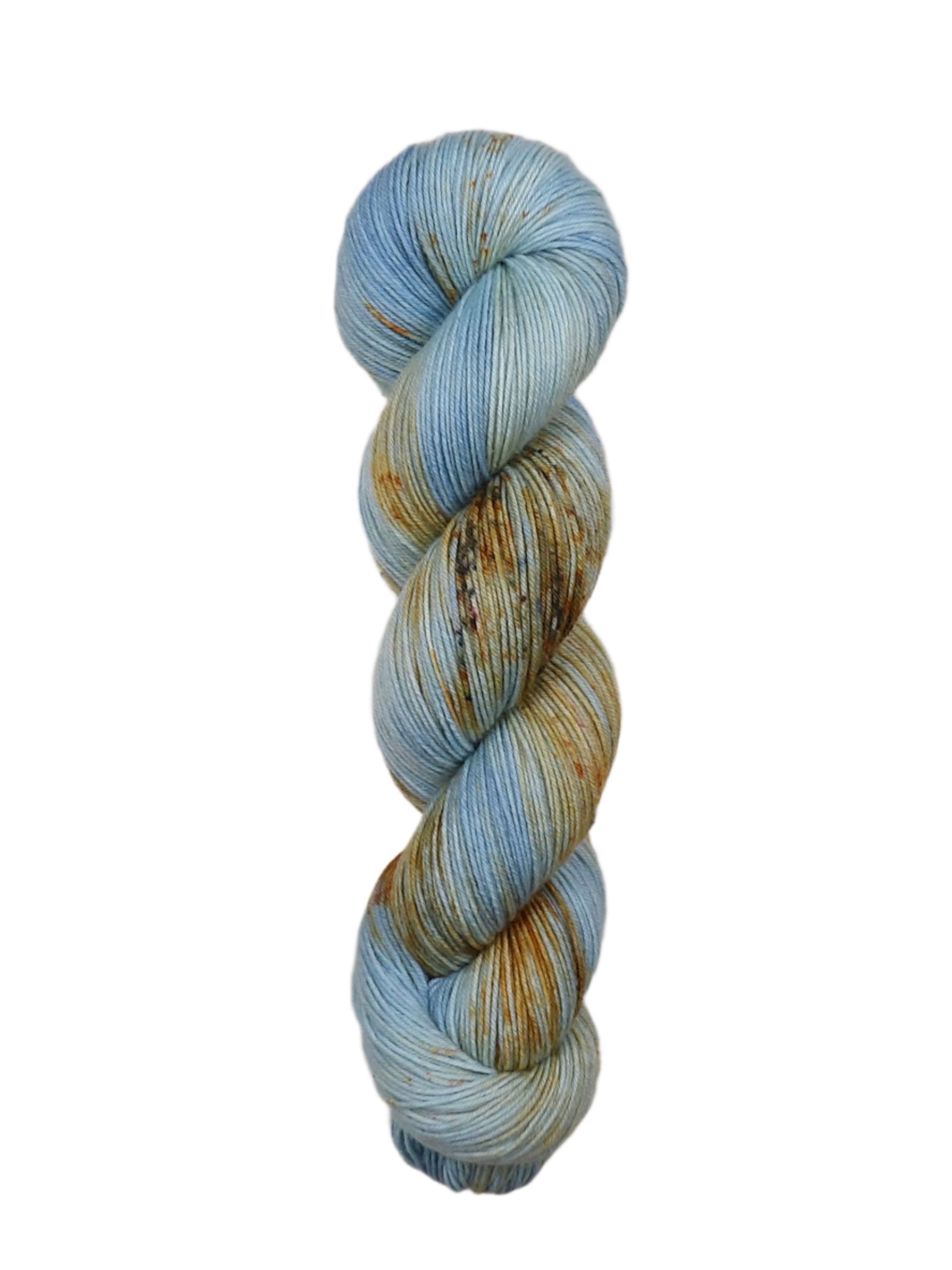 A skein of hand-dyed fingering/sock yarn color blue tan orange brown speckles