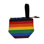 Colorful rainbow striped pouch with a drawstring on a white background