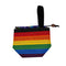 Colorful rainbow striped pouch with a drawstring on a white background