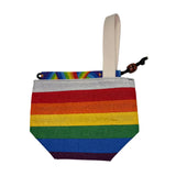 Rainbow striped pouch with a colorful drawstring on a white background
