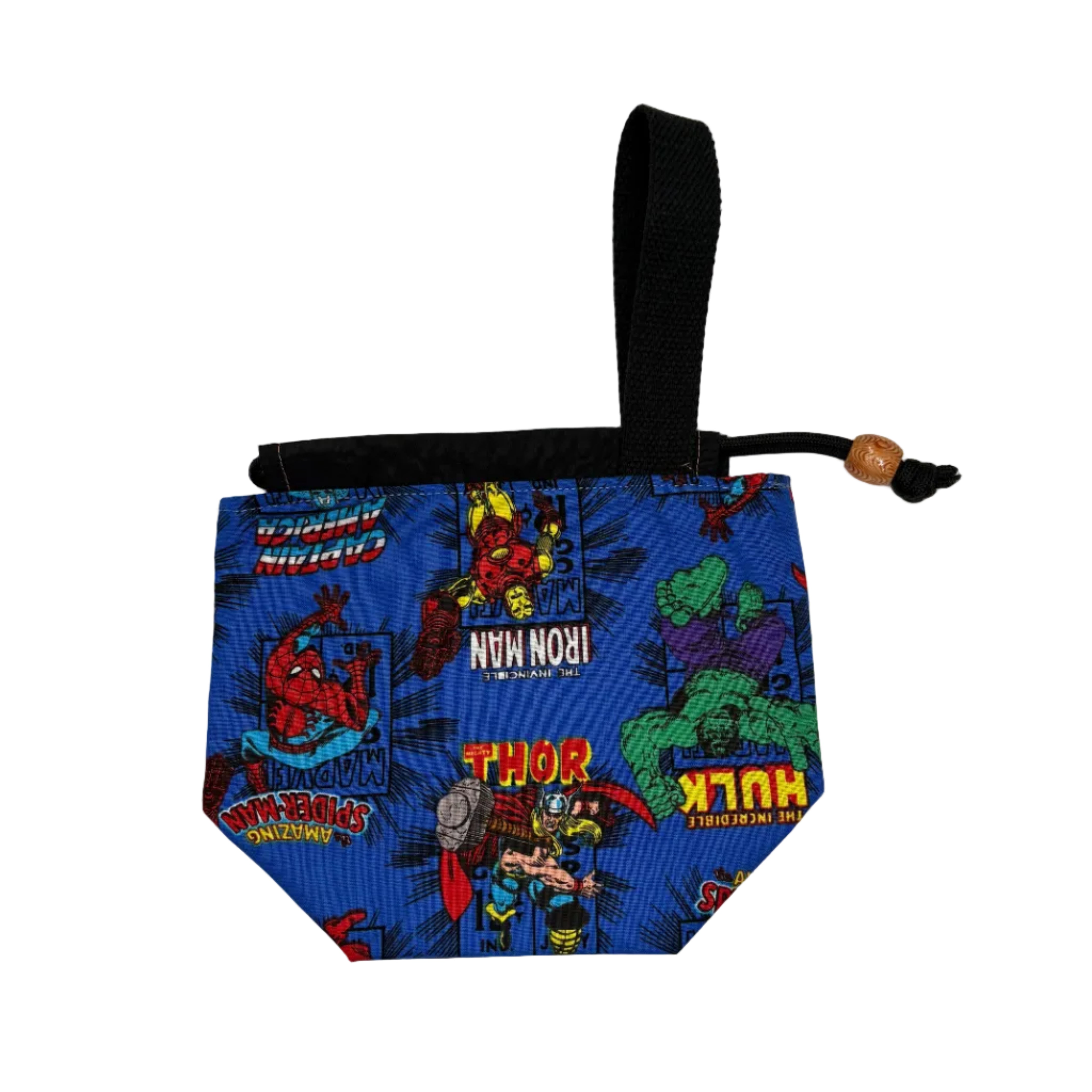 Marvel superhero-themed drawstring bag on a white background
