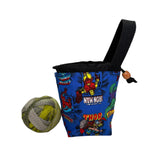 Colorful bag with superhero design on a white surface