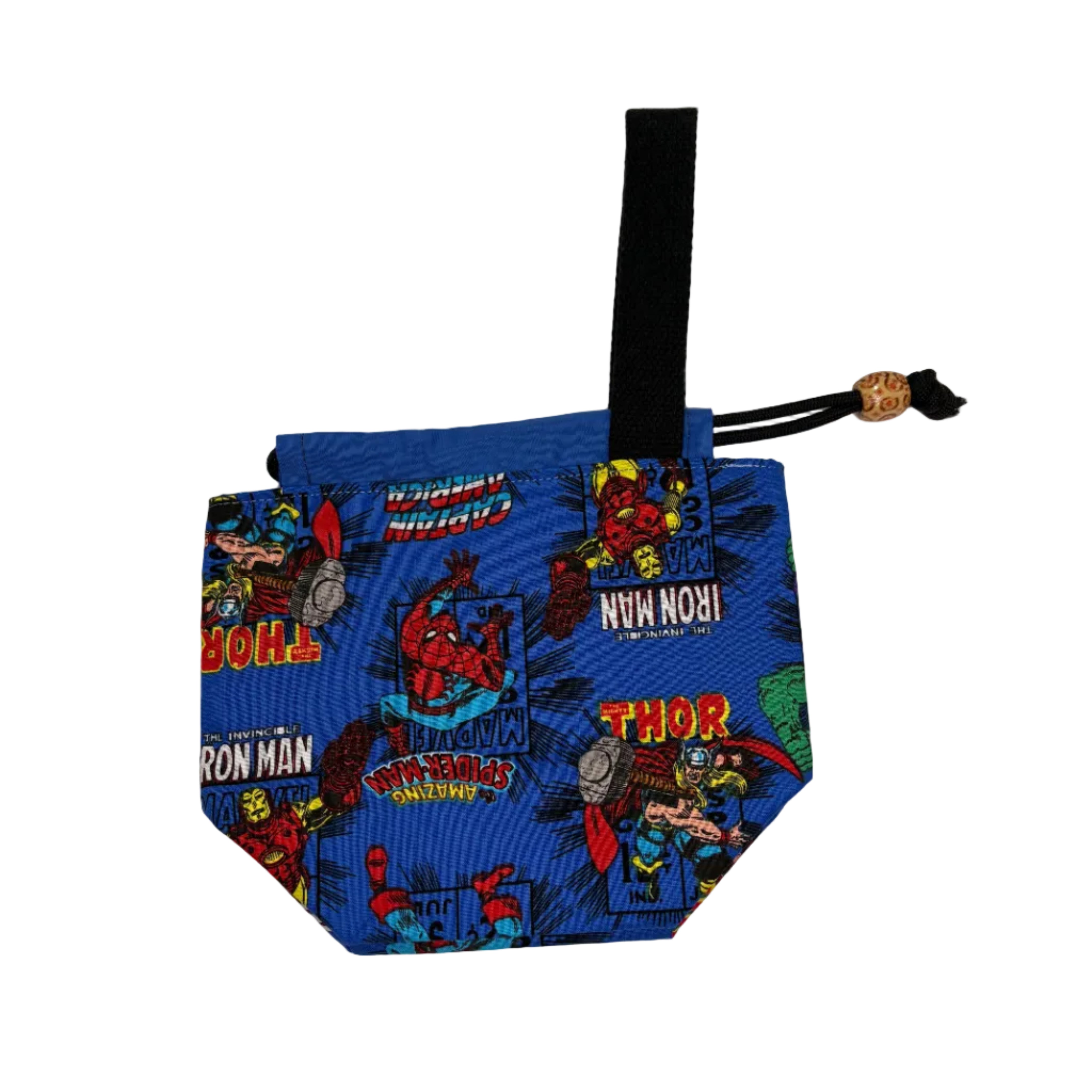Blue pouch with superhero designs on a white background