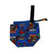 Blue pouch with superhero designs on a white background