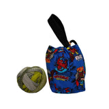 Superhero-themed yarn bag with a ball of yarn on a white background