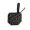 Black floral-patterned pouch with a strap on a white background