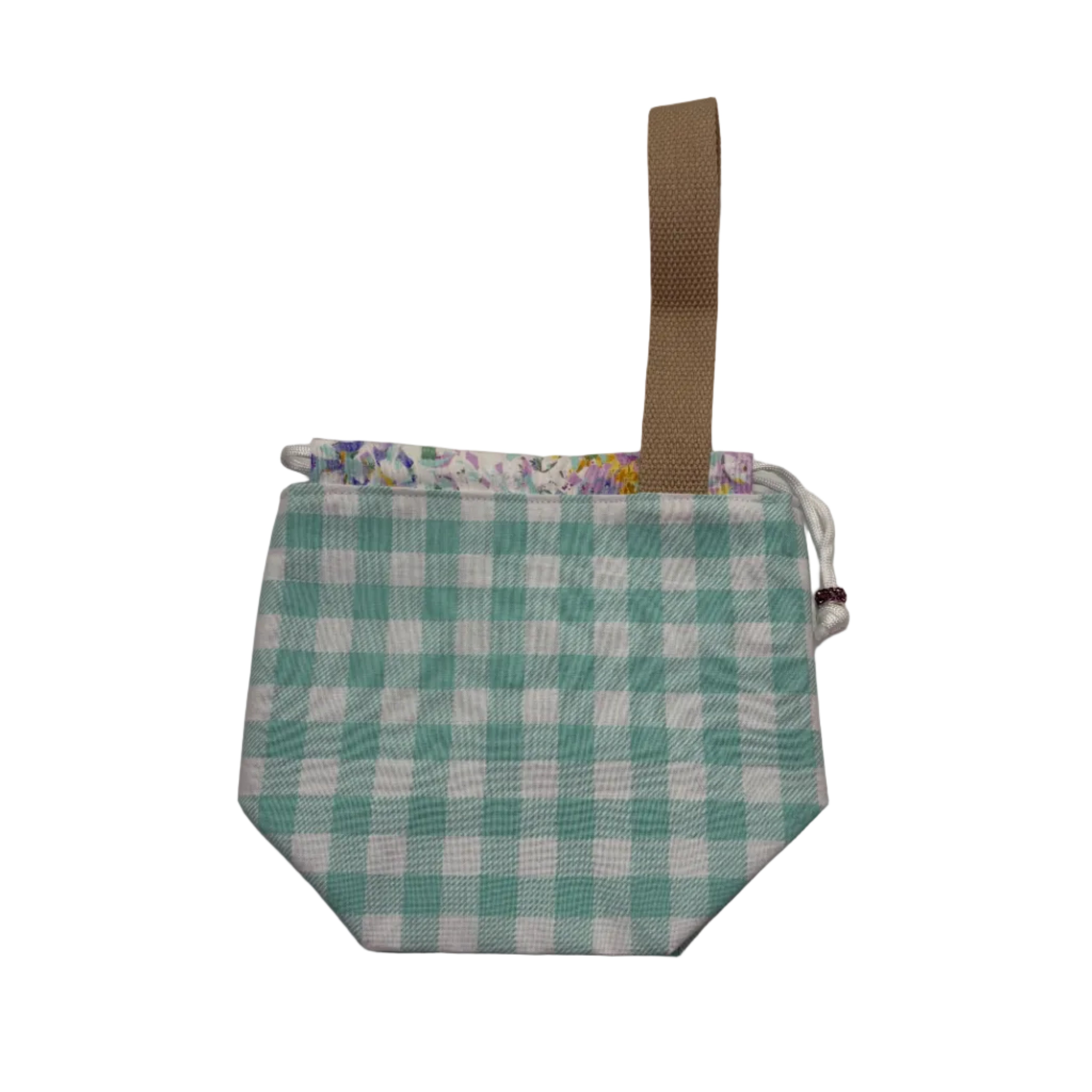 A small fabric drawstring pouch with a teal and white gingham pattern, a floral patterned trim along the top, and a tan webbing loop handle.