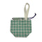 A small fabric drawstring pouch with a teal and white gingham pattern, a white fabric loop handle, and a purple drawstring cord