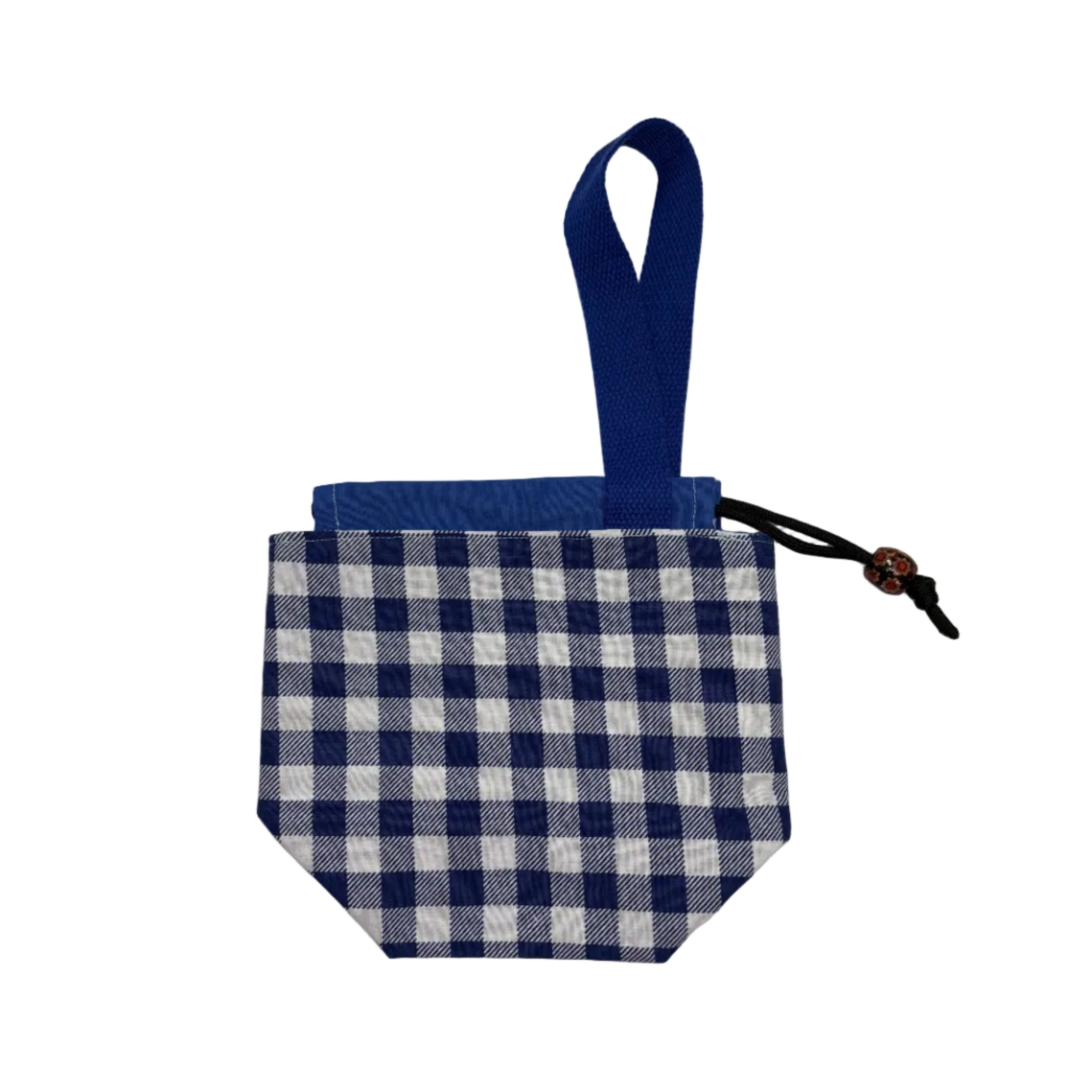 A small fabric pouch with a blue and white gingham pattern body, a solid blue top band, and a blue loop handle