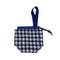 A small fabric pouch with a blue and white gingham pattern body, a solid blue top band, and a blue loop handle