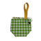 A small fabric pouch with a green and white gingham pattern, a mustard yellow webbed loop handle, and a floral patterned lining visible at the top.