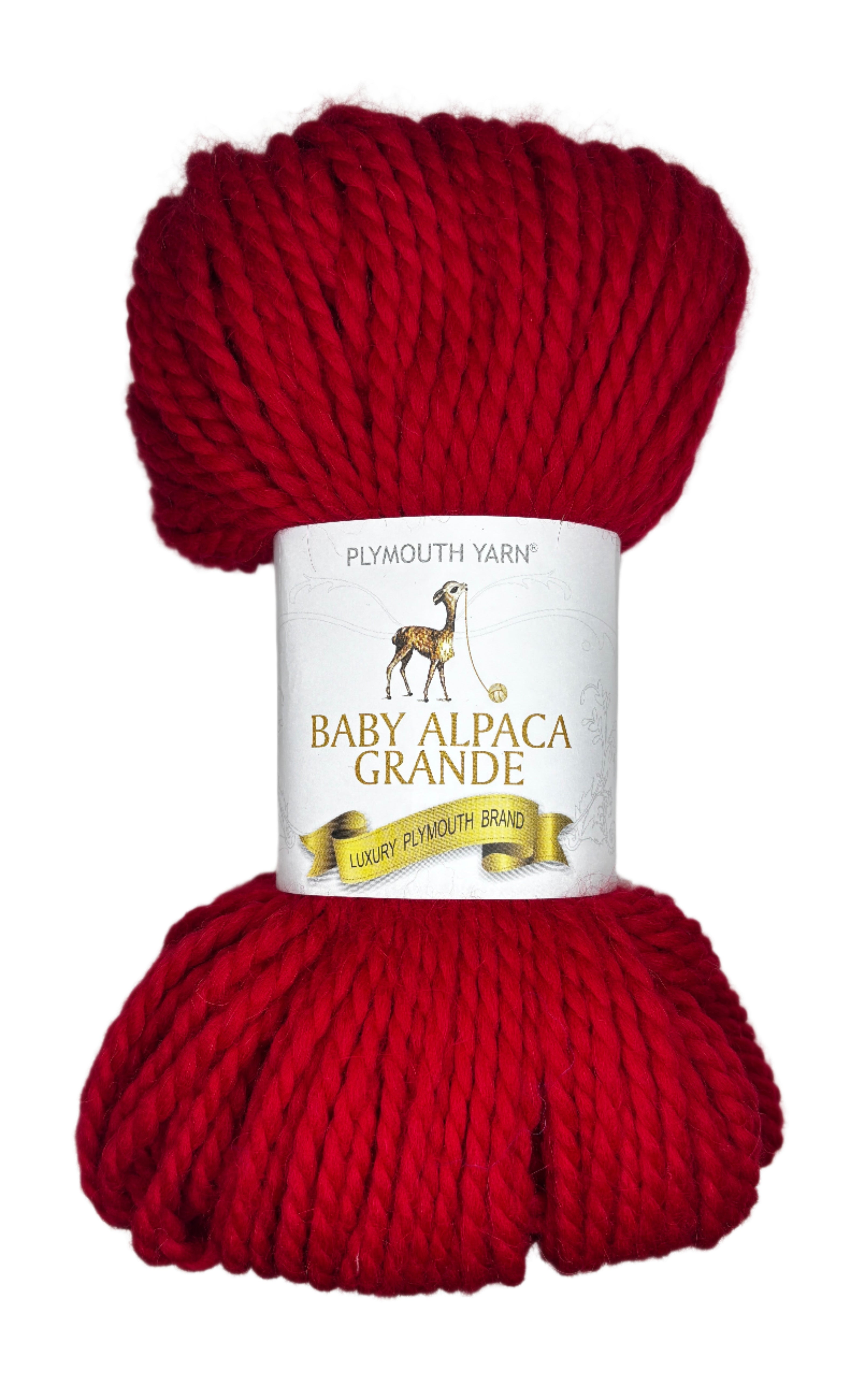 Red skein of yarn with a label on a white background