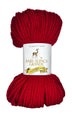 Red skein of yarn with a label on a white background