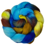 Polwarth combed top fiber braid in the colors yellow brown blue dark blue light brown dark brown 