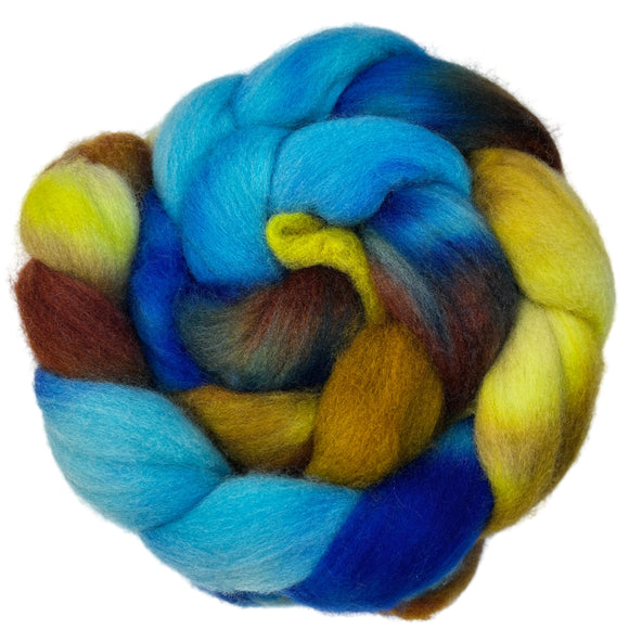 Polwarth combed top fiber braid in the colors yellow brown blue dark blue light brown dark brown 