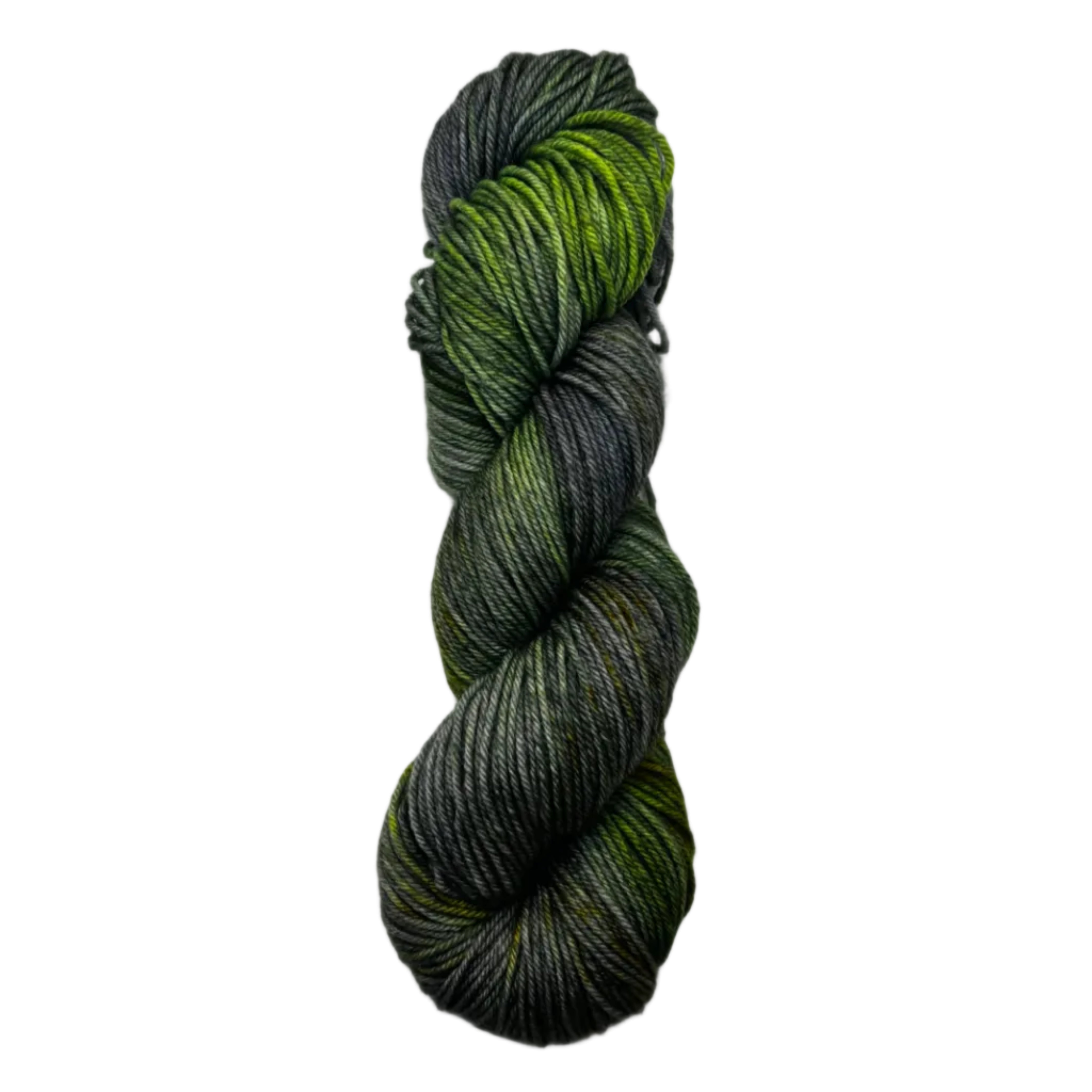 Green and gray skein of yarn on a white background