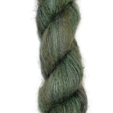Hand dyed skein of silk mohair in the colors green brown black