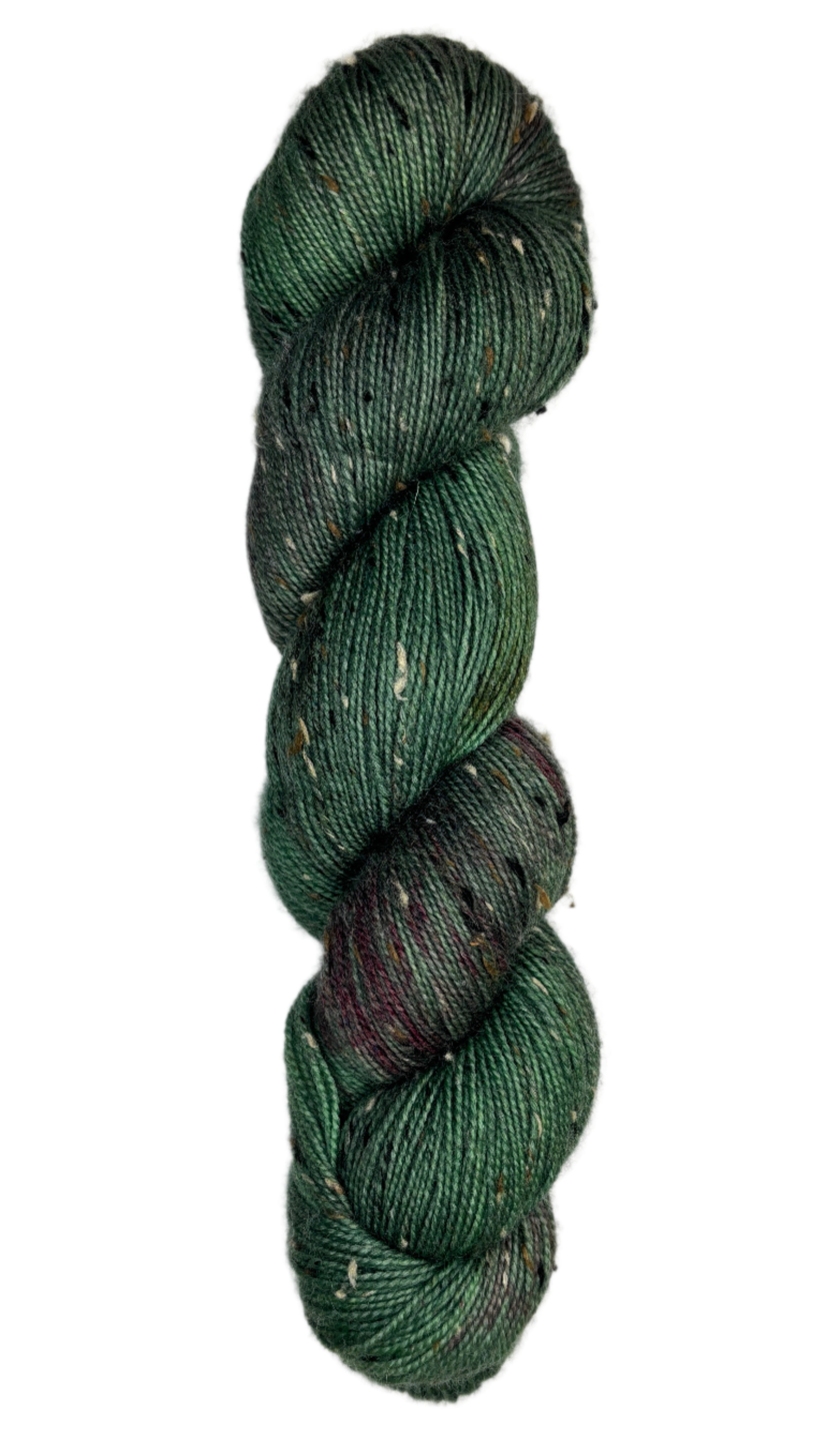 Skein of hand-dyed BFL Tweed wool yarn in the color green and streaks of red
