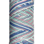 Dusty Pink, Blue, Teal, White striped skein of yarn