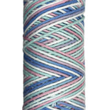 Dusty Pink, Blue, Teal, White striped skein of yarn