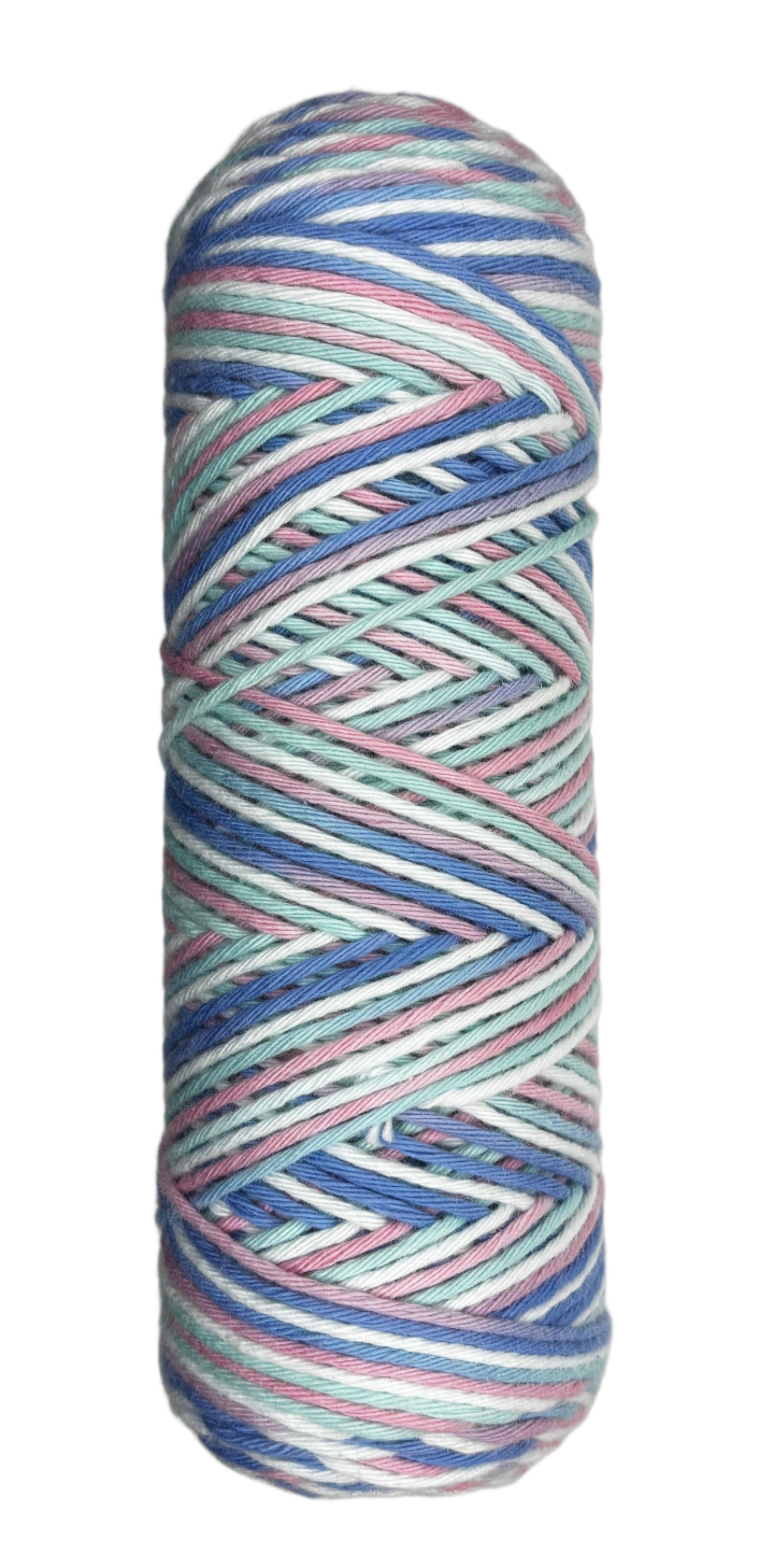 Dusty Pink, Blue, Teal, White striped skein of yarn