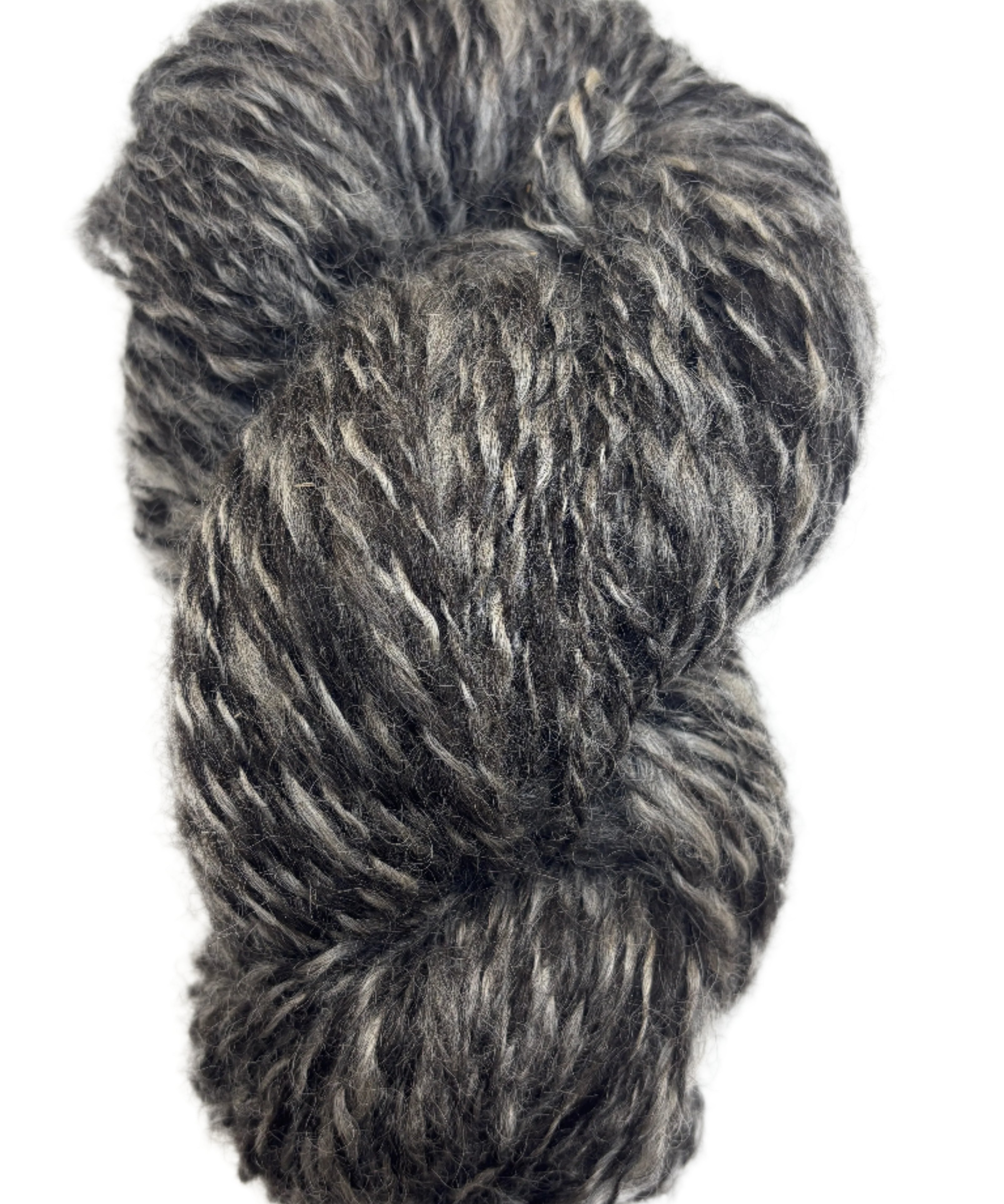 Skein of handspun yarn in the colors black and grey