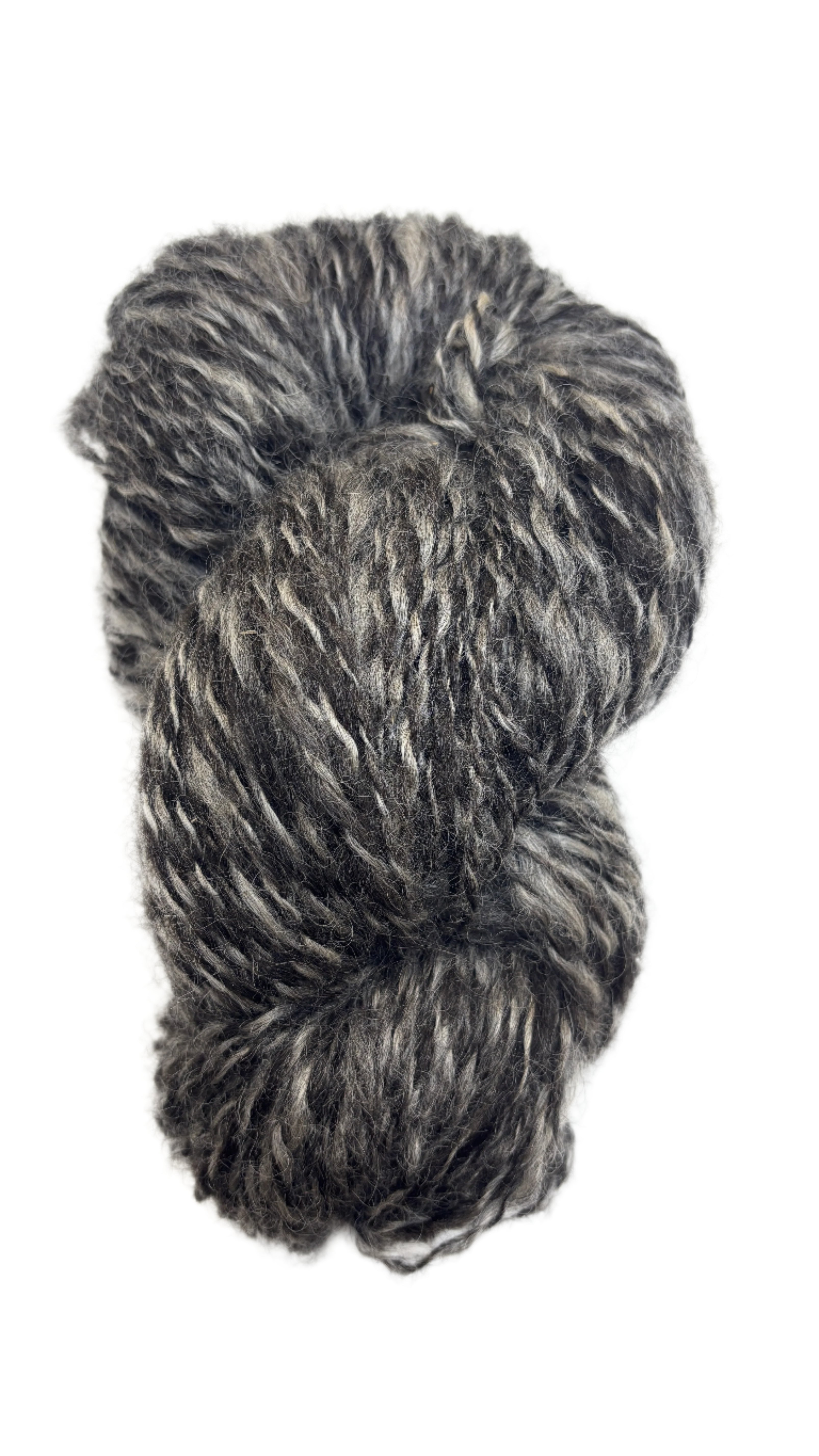 Skein of handspun yarn in the colors black and grey