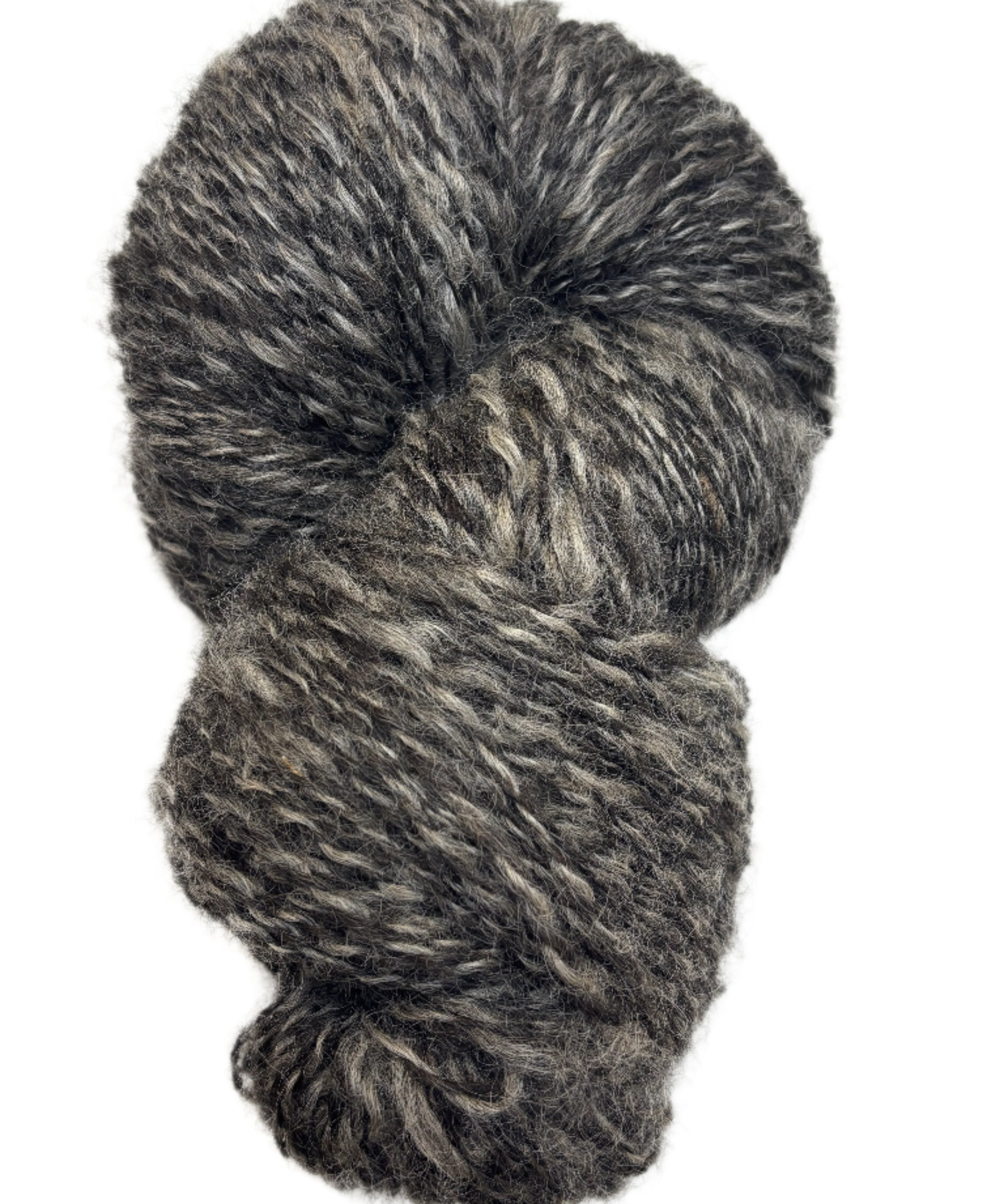 Gray and black skein of yarn on a white background