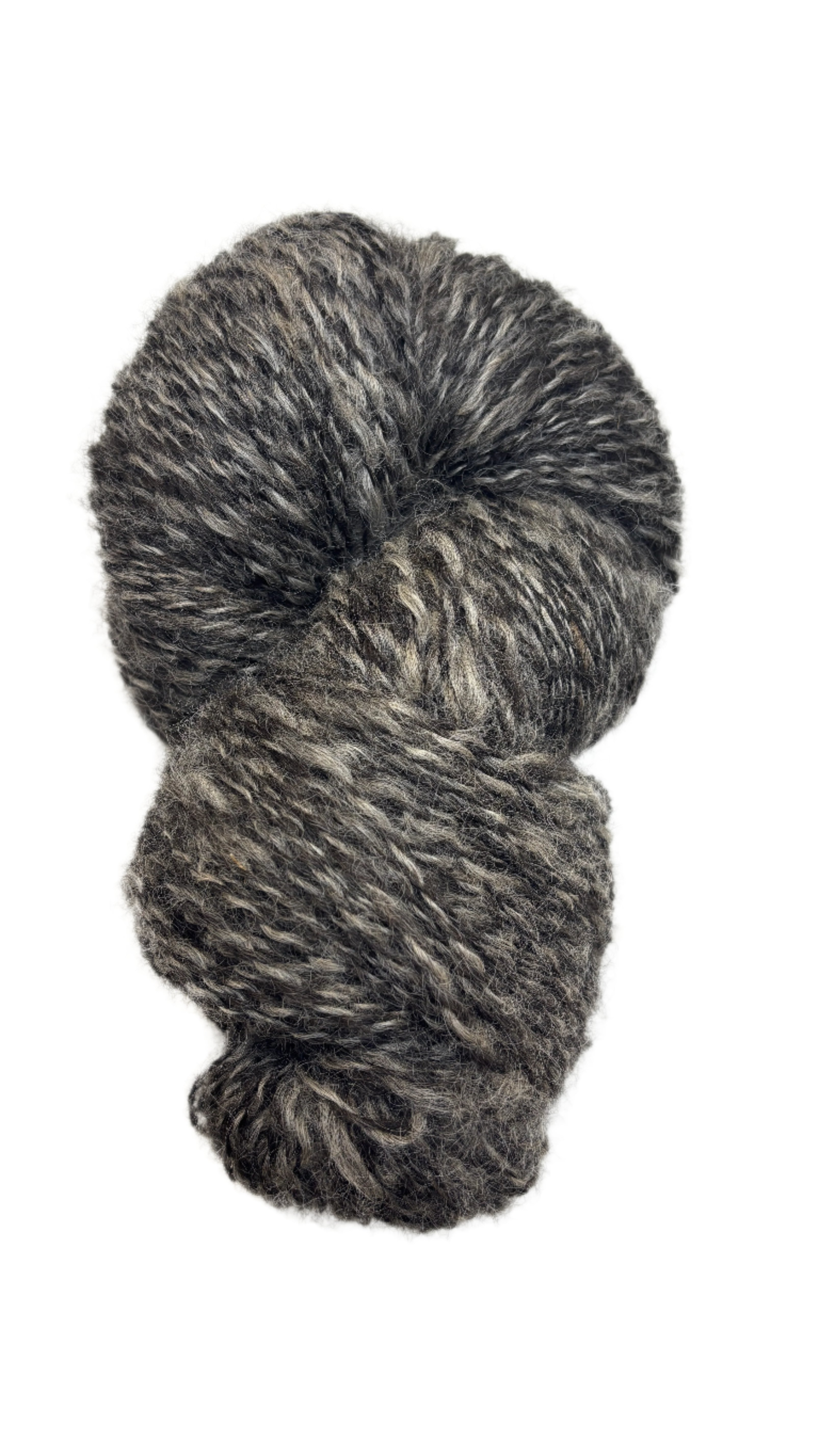 Gray and black skein of yarn on a white background