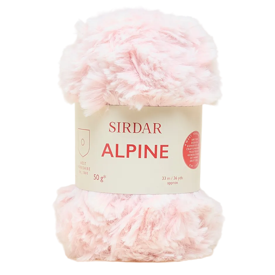 Ball of pink yarn with 'Sirdar Alpine' label on a light beige background