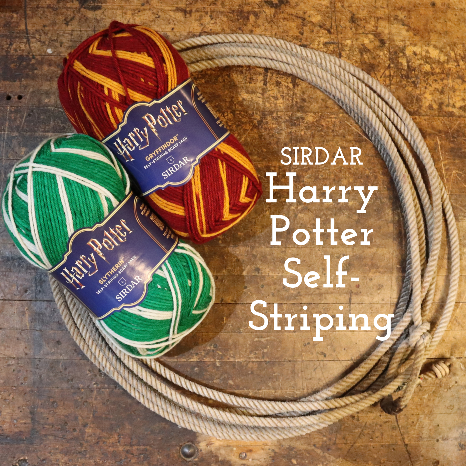 Two balls of Harry Potter Sirdar striped yarn, one red and orange striped and one green and white striped, next to a coiled beige rope on a rustic wooden background, with the text 'SIRDAR Harry Potter Self-Striping'.