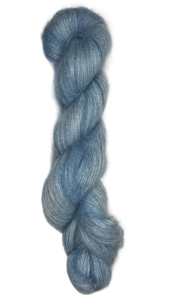 Skein of hand dyed mohair silk in the color sky blue